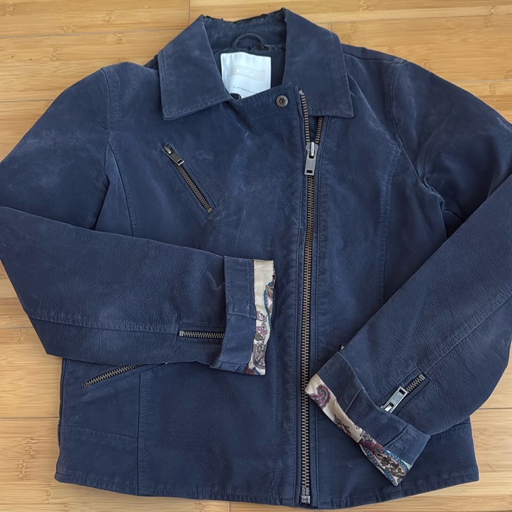 Anthropology blue faux leather biker jacket size xs